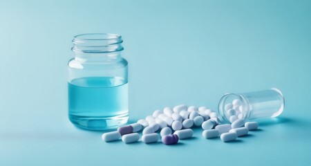  Medication and liquid on a blue background