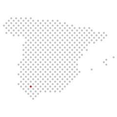 Sevilla in Spanien: Spanienkarte aus grauen Punkten mit roter Markierung