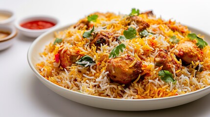  Delicious Chicken Biryani on Plate, Isolated on White Background