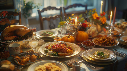 Fototapeta premium Thanksgiving Dinner Elegance: Festive Turkey Spread on Display, generative AI