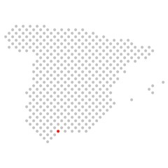 Malaga in Spanien: Spanienkarte aus grauen Punkten mit roter Markierung