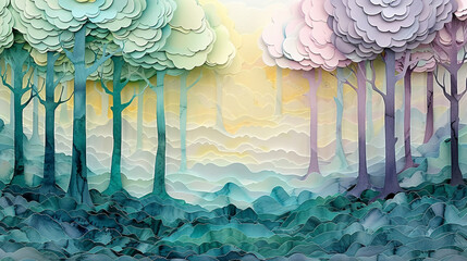 Paper art Mossy forest with a canopy of trees - obrazy, fototapety, plakaty