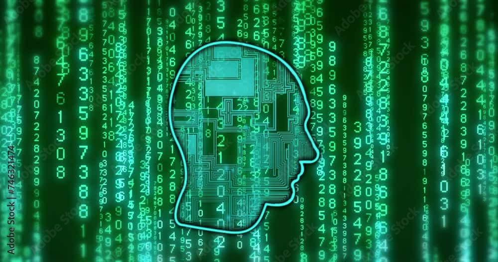 Poster animation of ai text, brain and binary coding data processing over dark background