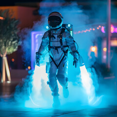 Man wearing a futuristic jetpack 