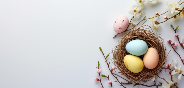 Pastel colored Easter eggs in nest and spring blooming branches on white background
