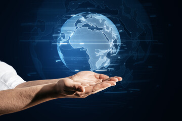 An outstretched hand holds a transparent hologram of the earth, signifying global reach and...