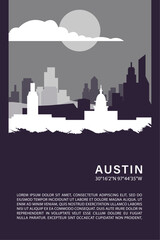 USA Austin city minimalistic poster with skyline, cityscape retro vector illustration. US Texas state abstract travel front cover, brochure, flyer, leaflet, flier, template, layout