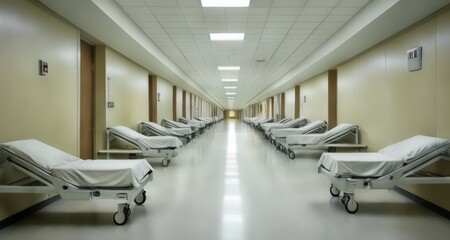 Fototapeta na wymiar Empty hospital corridor with rows of beds, ready for patients