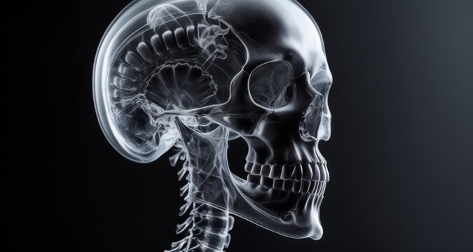  Transparent human skull with spine, detailed 3D rendering