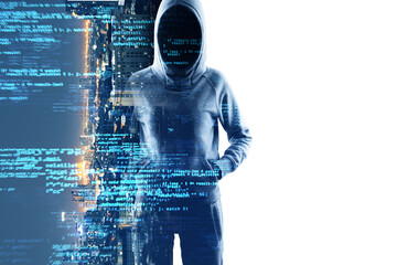 Mysterious cyber hacker with obscured face standing before a screen with futuristic blue digital...