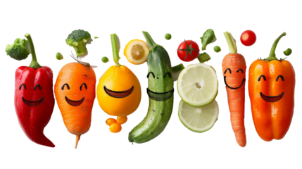 a collection of vegetables and fruit with happy facial expressions, transparent background