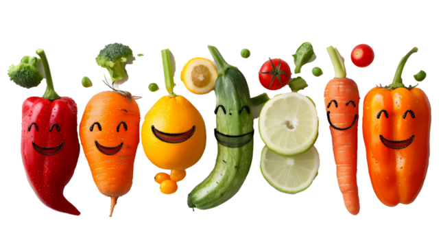 a collection of vegetables and fruit with happy facial expressions, transparent background