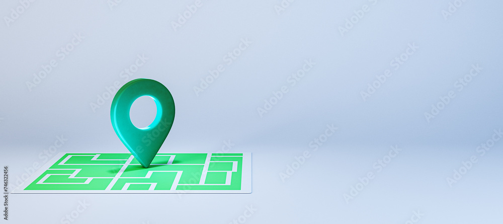 Poster Creative map with green location pin on wide light background with mock up place. GPS navigation concept. 3D Rendering.