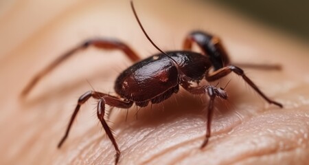 Fototapeta premium Close-up of a red spider on a human hand