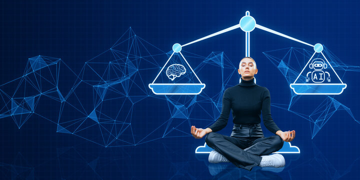 Concept of AI law, artificial intelligence regulations in futuristic glowing low polygonal style with brain and scale symbols on dark blue background. Meditating young woman with hologram.