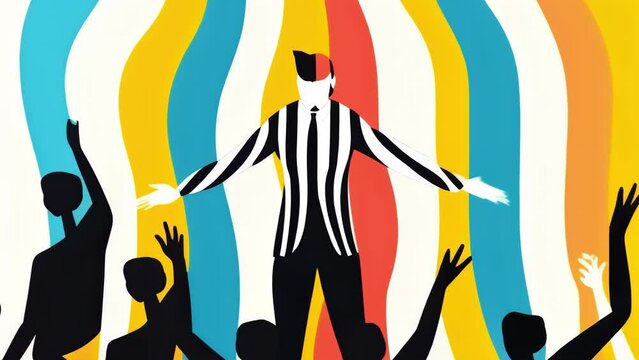 A person dressed in black and white stripes with an exaggeratedly hunched back being taunted by a group of colorful Psychology art concept. .