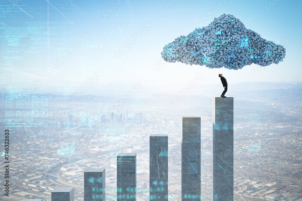 Poster Male on concrete chart bars under abstract digital cloud with programming language on bright sky background. Digital storage, financial growth, database, network and technology concept.