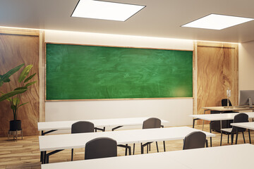 Classroom with green chalkboard and evening ambiance, modern educational environment, city view. 3D...