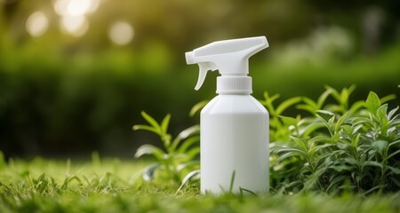  Natural care - A bottle of plant-friendly spray in a lush garden