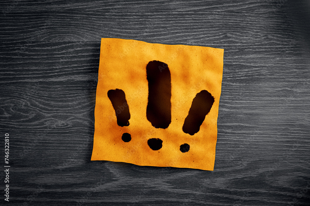 Poster Close up of orange notes with exclamation marks on wooden desk. Questions and answers concept. 3D Rendering.