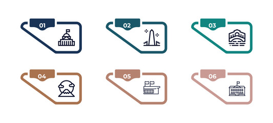 outline icons set from buildings concept. editable vector included capitol building, washington monument, rialto bridge, fuji mountain, goverment building, embassy icons. infographic template - obrazy, fototapety, plakaty
