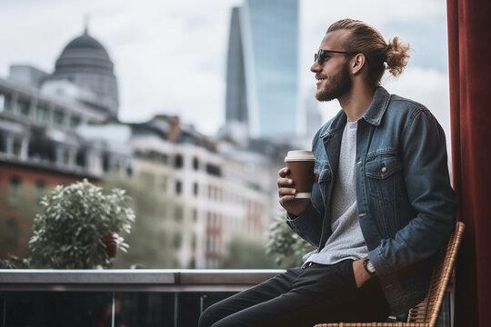 Pensive hipster drinking coffee in the street of a modern city