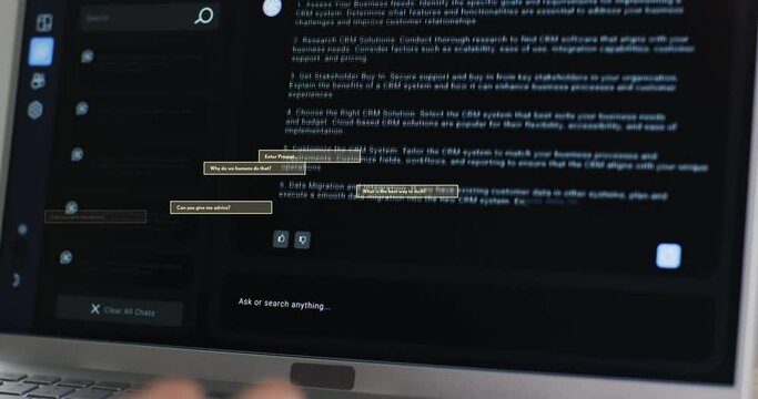 Animation of ai text and data processing over screen with dark background