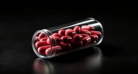  A close-up of a small glass vial filled with red pills