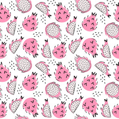 Seamless pattern with pitaya in flat cartoon design. Dragon fruit in boho style for fabric, cards, wallpaper.Vector illustration.