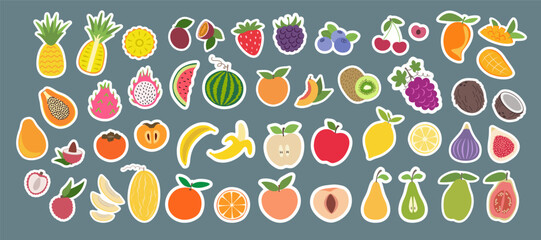 Stickers with fruits and berries in flat cartoon design. Collection of isolated fruits and berries. Vector illustration of strawberry, cherry, blackberry, blueberry, grapes, papaya, fig, melon, etc.