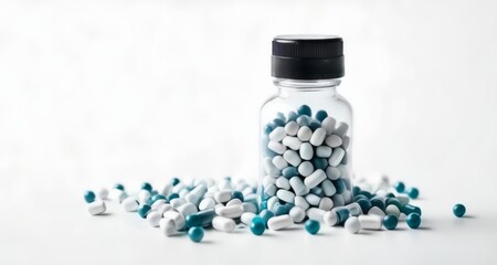  Medication in a bottle with pills spilled out