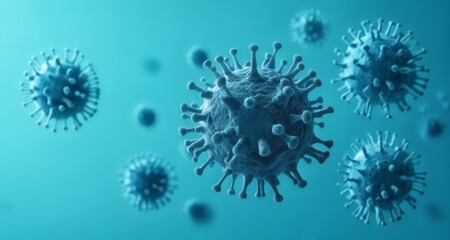  Viral particles floating in a blue background, a representation of a pandemic scenario