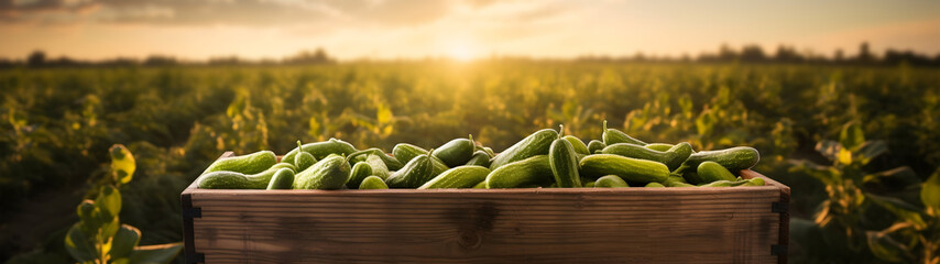 Gherkins harvested in a wooden box with field and sunset in the background. Natural organic fruit abundance. Agriculture, healthy and natural food concept. Horizontal composition, banner.