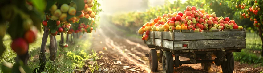 Zelfklevend Fotobehang Vintage truck carrying various types of fruits in an orchard with sunset. Concept of food transportation, logistics and cargo. © linda_vostrovska