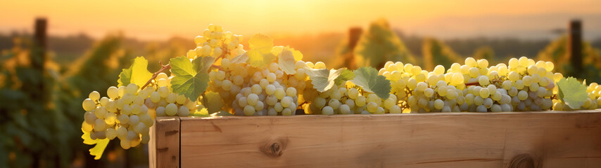 White vine grapes harvested in a wooden box with vineyard and sunshine in the background. Agriculture, healthy and natural food concept. Horizontal composition, banner.