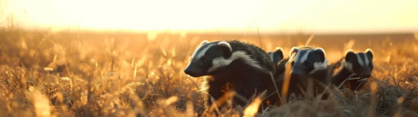 Foto op Plexiglas Honey badgers in the savanna in the evening with setting sun shining. Group of wild animals in nature. Horizontal, banner. © linda_vostrovska