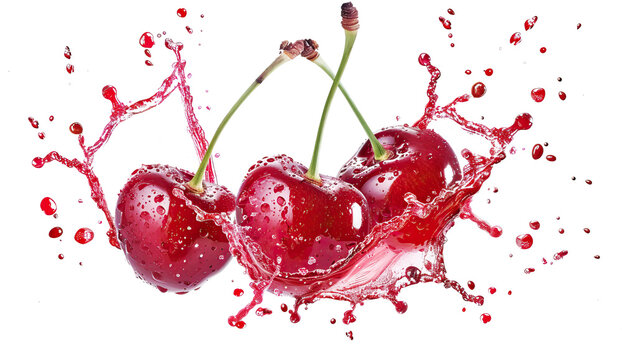 ripe red cherries in a splash of cherry juice on a transparent background. cut PNG file