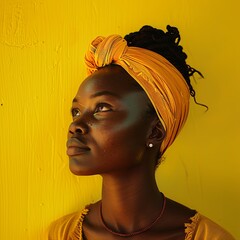 Closeup of a womans face with black hair, cornrows, and a yellow background