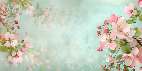 Spring nature background with lovely blossom in blue pastel color, top view retro banner. Springtime concept with weathered background for copy space. Mother’s Day floral illustration by Vita - obrazy, fototapety, plakaty