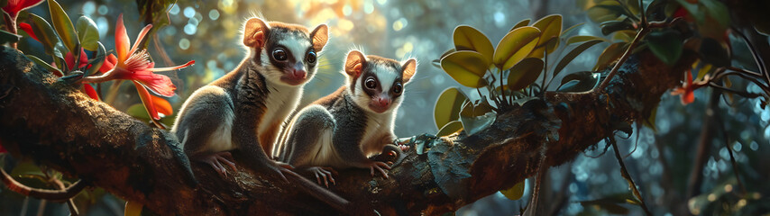 Sugar gliders in the forest with setting sun shining. Group of wild animals in nature. Horizontal,...