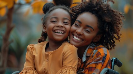 African American mother laughing with beautiful daughter, daughter is in a wheelchair. Generative AI.