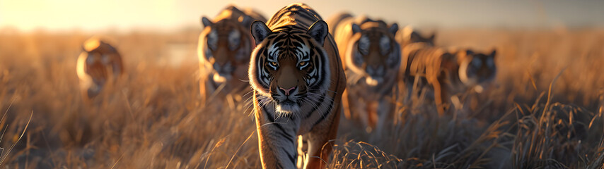 Tiger family in the savanna with setting sun shining. Group of wild animals in nature. Horizontal,...