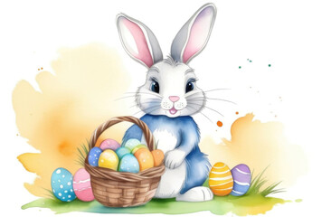 Cute Easter bunny with basket of eggs. Watercolor illustration on white background
