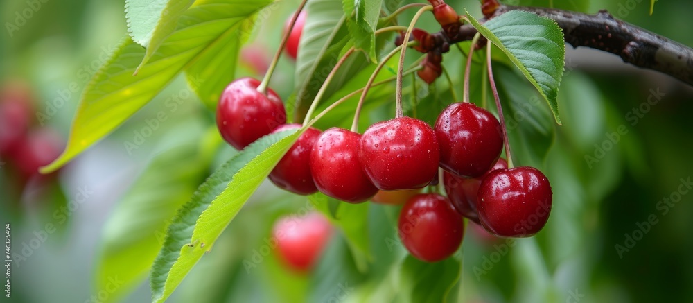 Poster cluster of ripe red cherries hanging from a tree branch in a sunny orchard setting