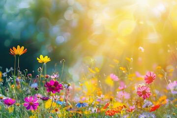 Fototapeta na wymiar Flowers meadow on sunny day, soft selective focus