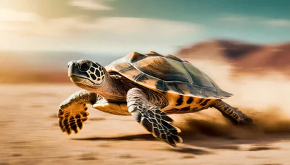 Draagtas Close-up and side view of a fast turtle running at full speed in the desert. Generative Ai. © Alberto Masnovo