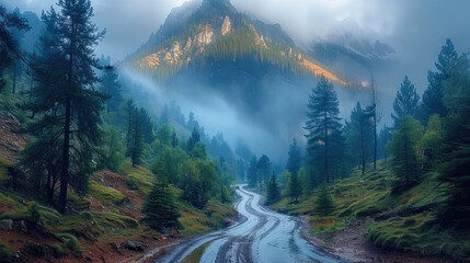 Bad weather, grey sky and clouds, mountain road, forest. Generative AI.
