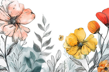 Hand drawn flowers in watercolor and graphic lines