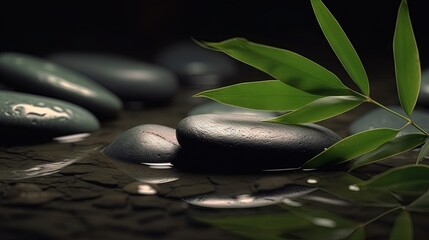 spa stones and green leaf