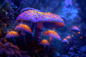 Glowing spotted fluorescent mushrooms, mystic luminescent forest